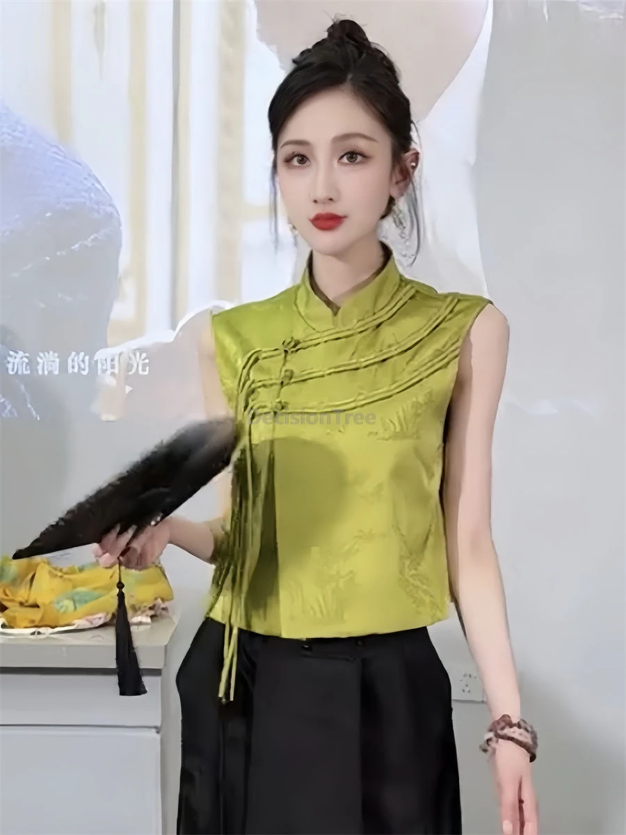 2025 new chinese style printed retro waistcoat women spring and autumn tassek buckle cheongsam vest sleeveless tang suit vest