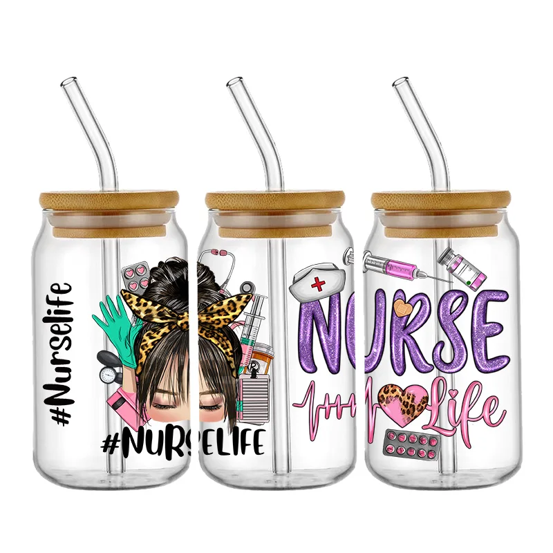 Nurse Cute Cartoon Design Best Seller 3D UV DTF Cup Wrap Transfers Stickers Labels Durable Waterproof Logo 16oz Glass Wrap