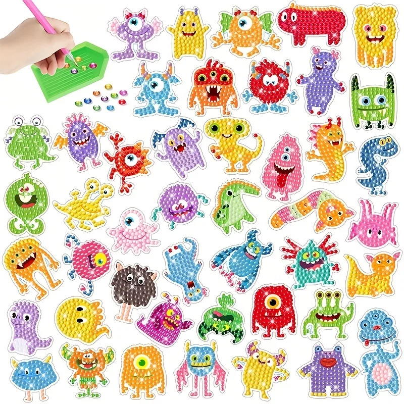 15pcs/Set DIY Handmade Artificial Diamond Painting Stickers, Free To Stick Cartoon Alien Stickers