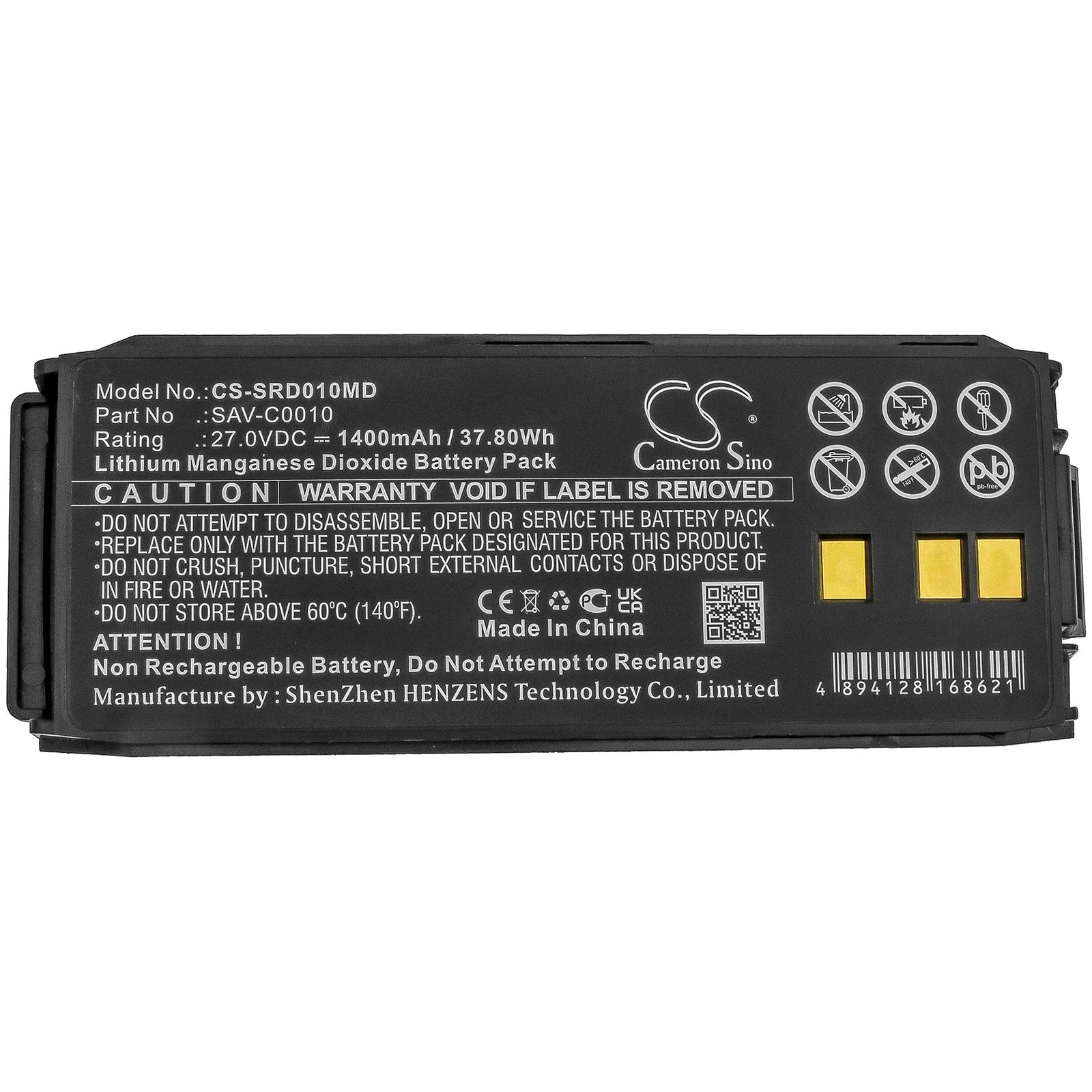 

Medical Battery For SaverOne SAV-C0010 D P Automatic Semi Automatic Li-MnO2 27.00V 1400mAh / 37.80Wh Black