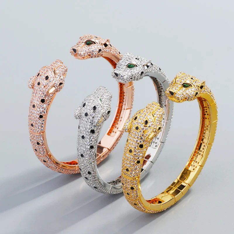 

Роскошный женский браслет-талисман, серебряный, латунный, чешский, полный кубический циркон, с зелеными глазами, двойной леопард