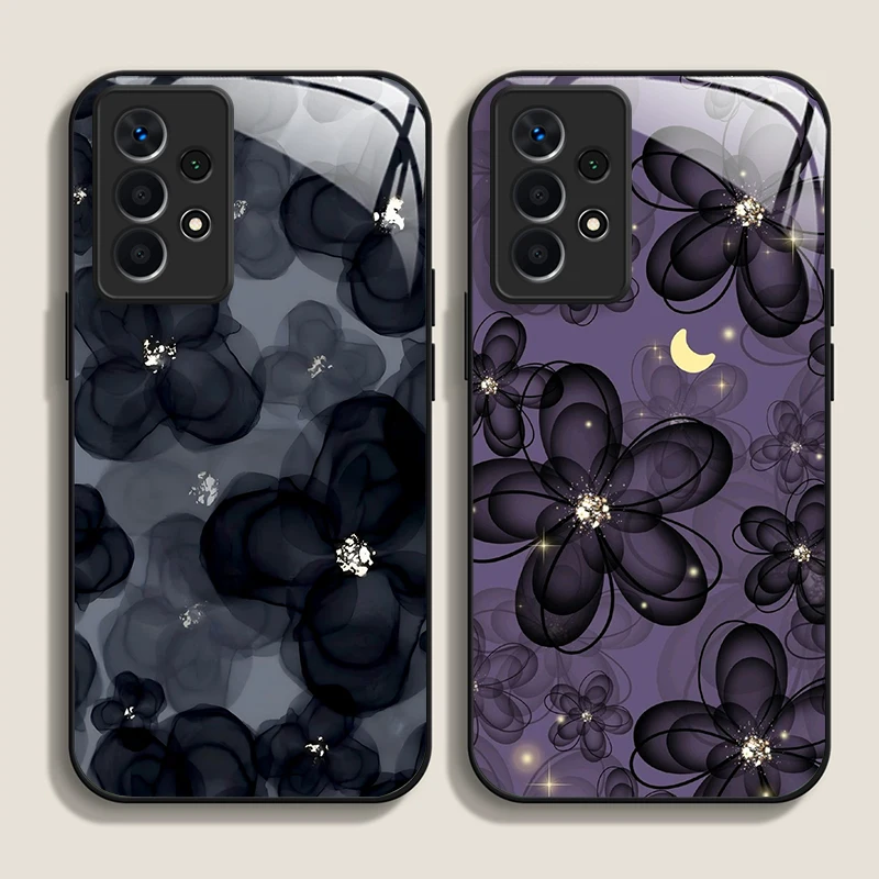 Luxury Black Rose Flower Graphic Tempered Glass Phone Case Cover
