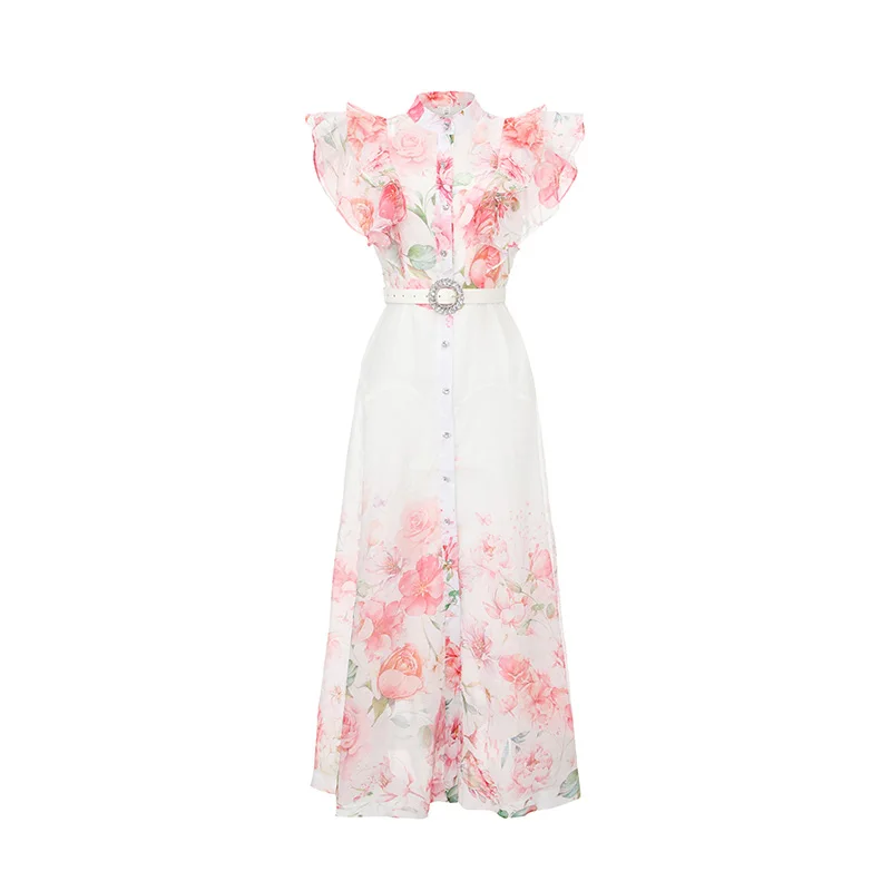 Abito da sera elegante vintage da donna in stile Mori francese, senza maniche, con collo alto, monopetto e cintura - immagine 6