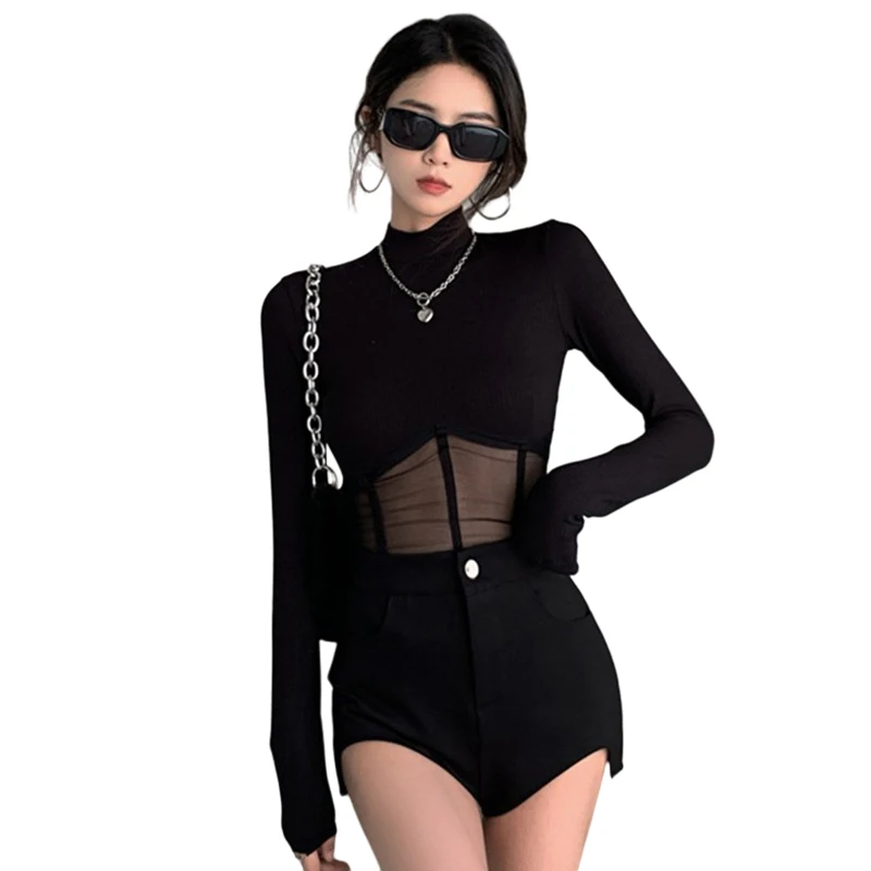 Black Top y2k Clothing Women Solid Color Skinny Turtleneck Long Sleeve Mesh Patchwork T Shirt Spring Autumn Clothes