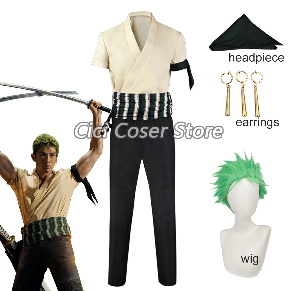 

Real Person Version Roronoa Zoro Cosplay Costume With Earrings Turban Headpiece Men Halloween Carnival Anime Roleplay Outfit Wig