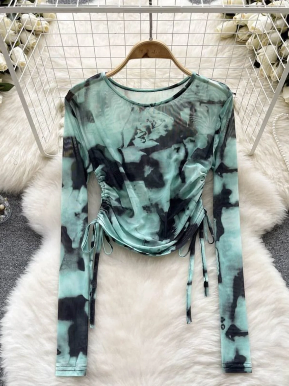 Retro Tie Dye Me Rope round Ne T irt Women's Clothing Cut Label Design Casual Slim Fit Long Sve Summer Top