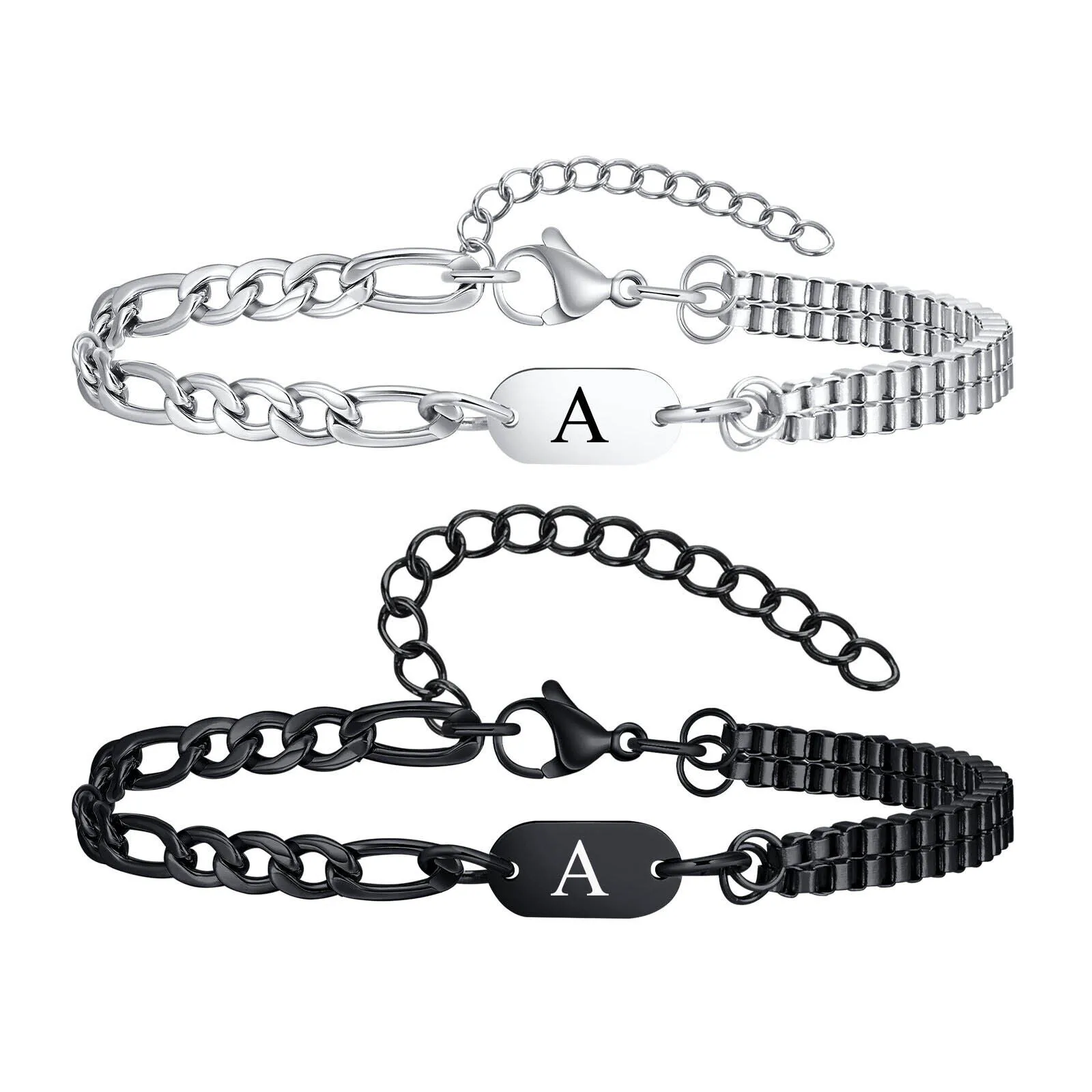 Initials Bracelets Alphabet A-Z 26 Letter Stainless Steel Chain Link Wristband For Men Women Couple