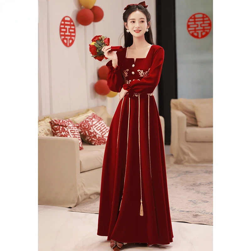

Long Sleeve Bride Toast Clothing Traditional Chinese Wedding Cheongsam Dress Female Oriental Bride Dress Vintage Evening Qipao