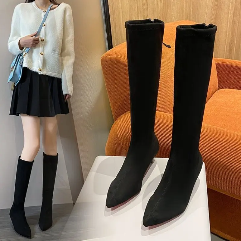 Женские Современные Сапоги в западном стиле, высокие сапоги до колена с острым носком, на низком каблуке, осень-весна 2024