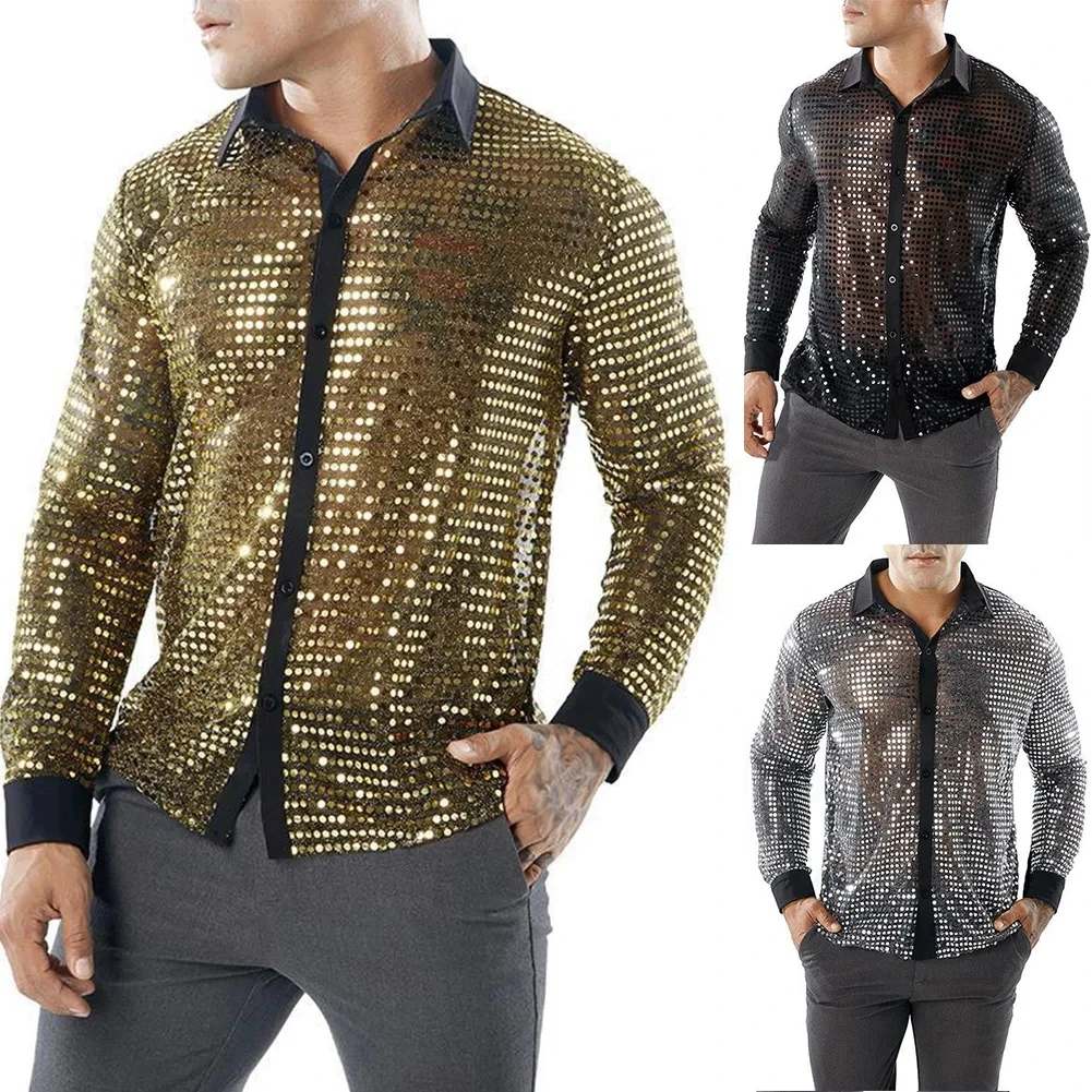 

Men's Long Sleeve Shiny Sequined Shirt 70's Disco Party Dance Performance Shirt Fashion Lapel Slim Trend Shirt Tops Men Clothing