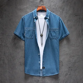 2023Men's Blue Denim Shirts Short Sleeve Jean Shirts New Summer High Quality Men Cotton Light Blue Denim Shirts Plus size M-4XL 1