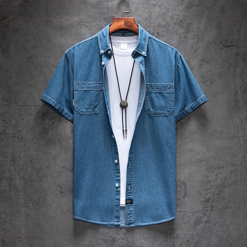 2023men's Blue Denim Shirts Short Sleeve Jean Shirts New Summer High