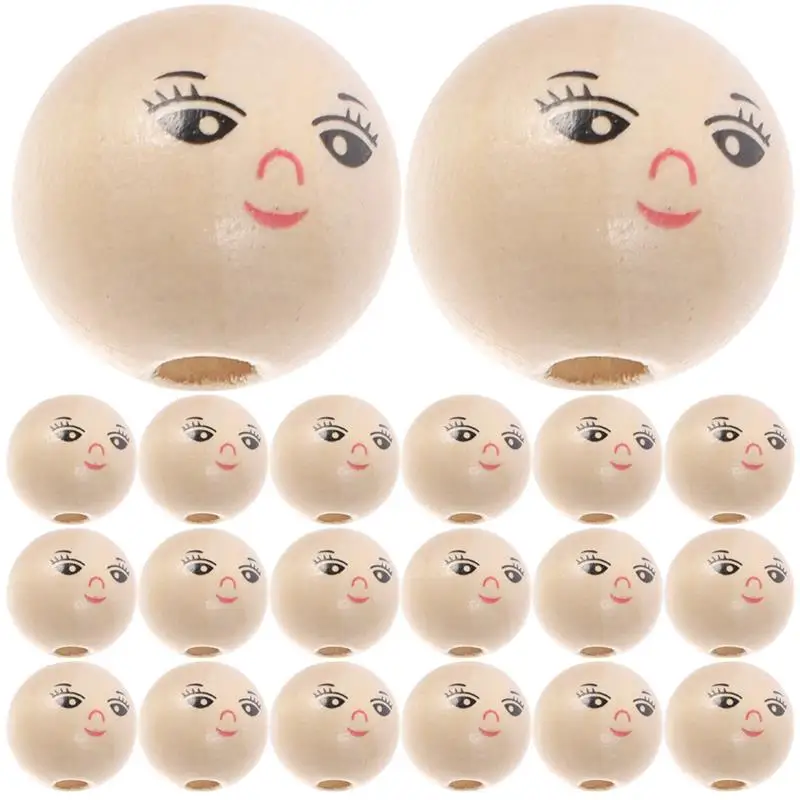 

50Pcs Round Wooden Smile Face Beads Wood Loose Round Spacer With Hole DIY Children'S Beads Log Color Face Doll Head Wood Beads