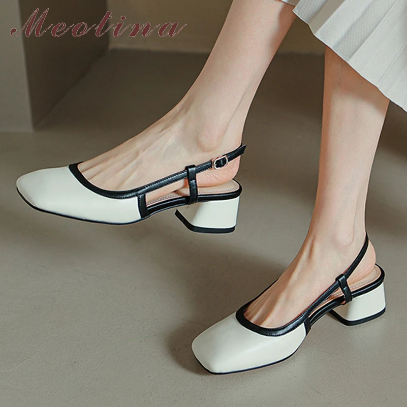 

Meotina Women Genuine Leather Square Toe Thick Mid Heel Slingbacks Pumps Buckle Mixed Colors Fashion Heels Ladies Shoes Black