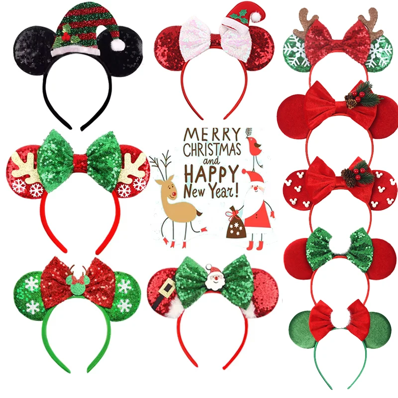 Frohe Weihnachten Pailletten/Samt Schleife Mausohren Haarband für Mädchen Weihnachtstag Stirnband Frauen Mädchen Festival Kinder Cosplay Zubehör