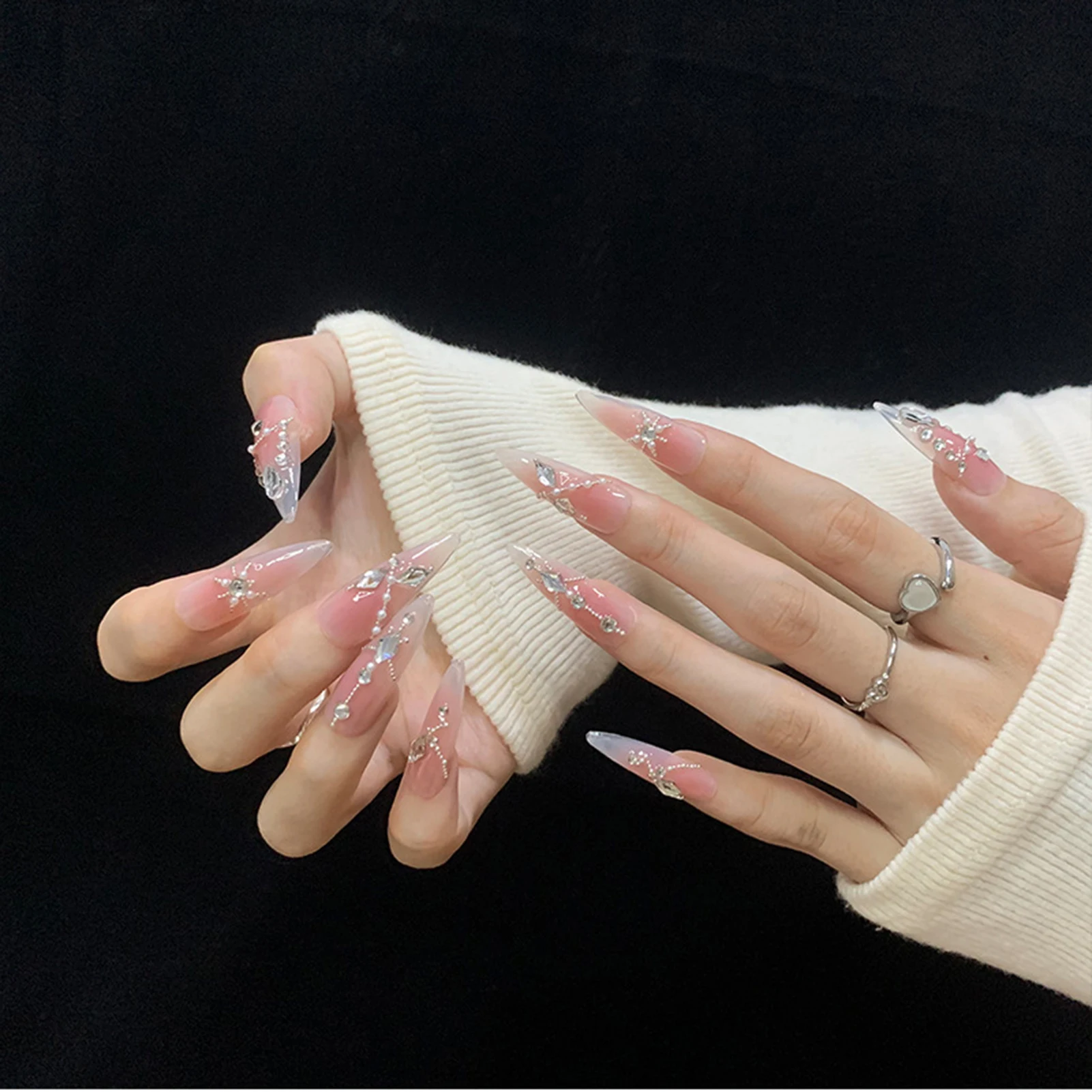 

Pink Long False Nails with Rhinestone Ultra-flexible Long Lasting Fake Nails for Fingernail DIY Decoration