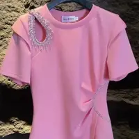 Oversized irregularly hollowed-out diamond-encrusted fashionable slimming off-the-shoulder women's short-sleeved T-shirt