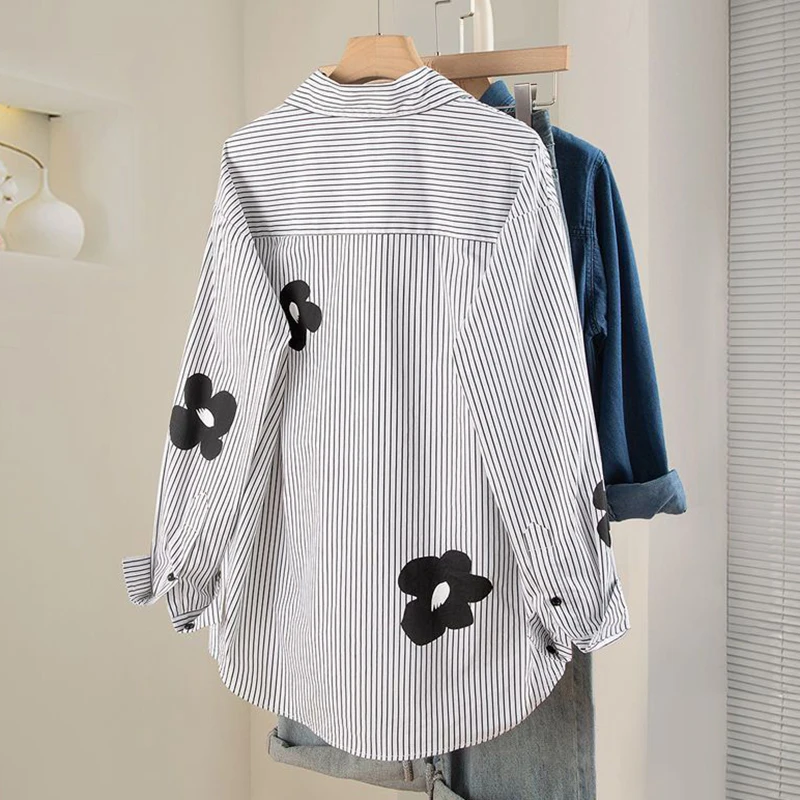 Turn-down Neck Flower Stripe Long Sleeved Loose Shirt And Blouse Clothes Top Casual Single Breasted White Streetwear Women New
