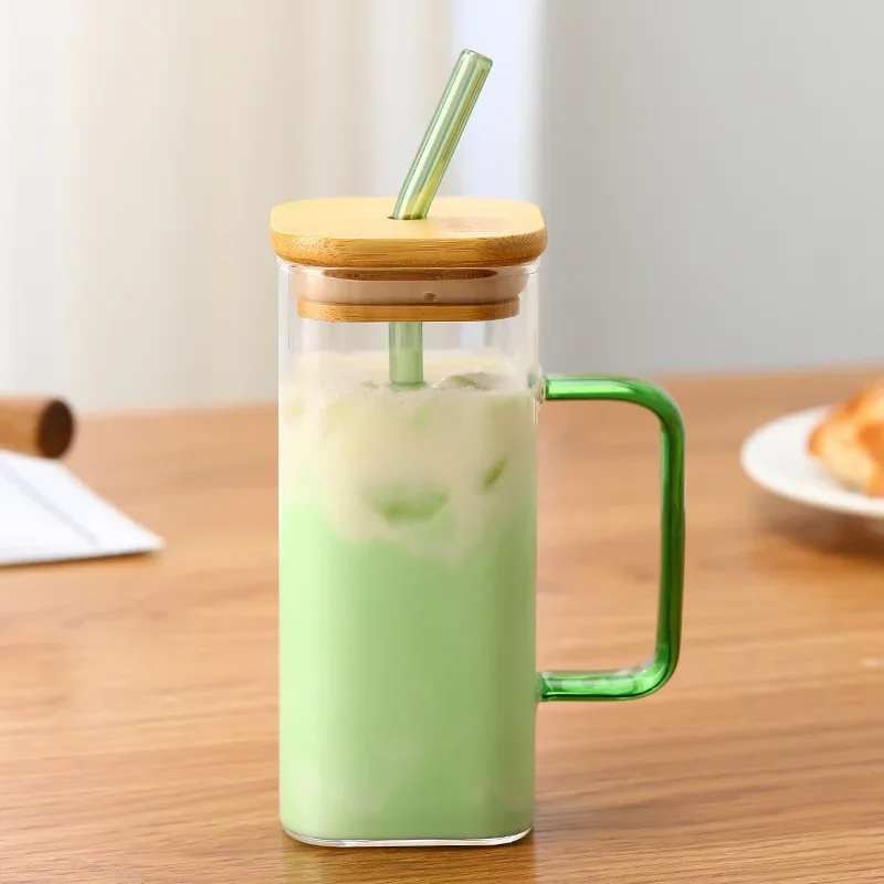 350ML Square Mug With Lids and Straws Single Colored Handle Layer Drinking Glass Cups For Iced Coffee Milk Bubble Tea Water glass cup square mug