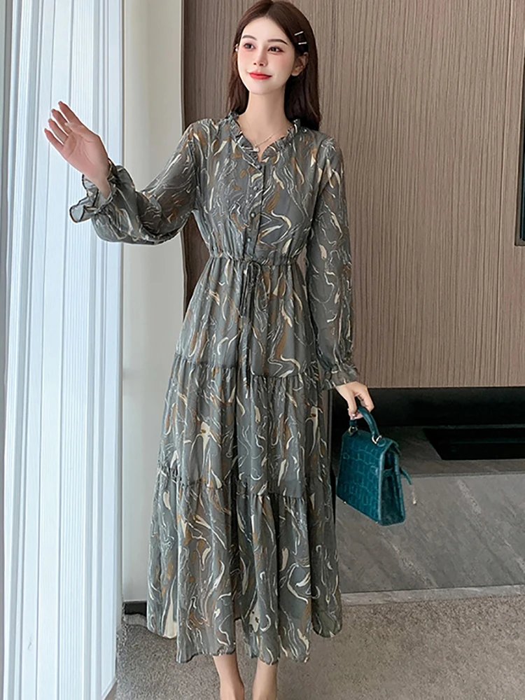 

Women Fashion Print Chiffon Casual Bandage Long Dress Spring Summer Elegant Chic Home Dress 2024 Korean Fashion Ruffled Vestidos