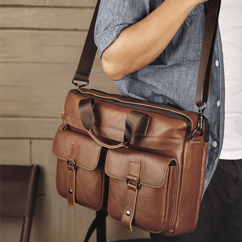 Business Genuine Leather Men's Briefcase Vintage Cowhide Handbag Large Capacity Shoulder Crossbody Bag Office 15.6 