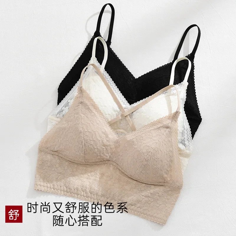 

Summer New Style Lace Underwear For Women Without Underwire Bra Halter With Chest Cushion Back Heart Bottom Hollow Chest Wrap