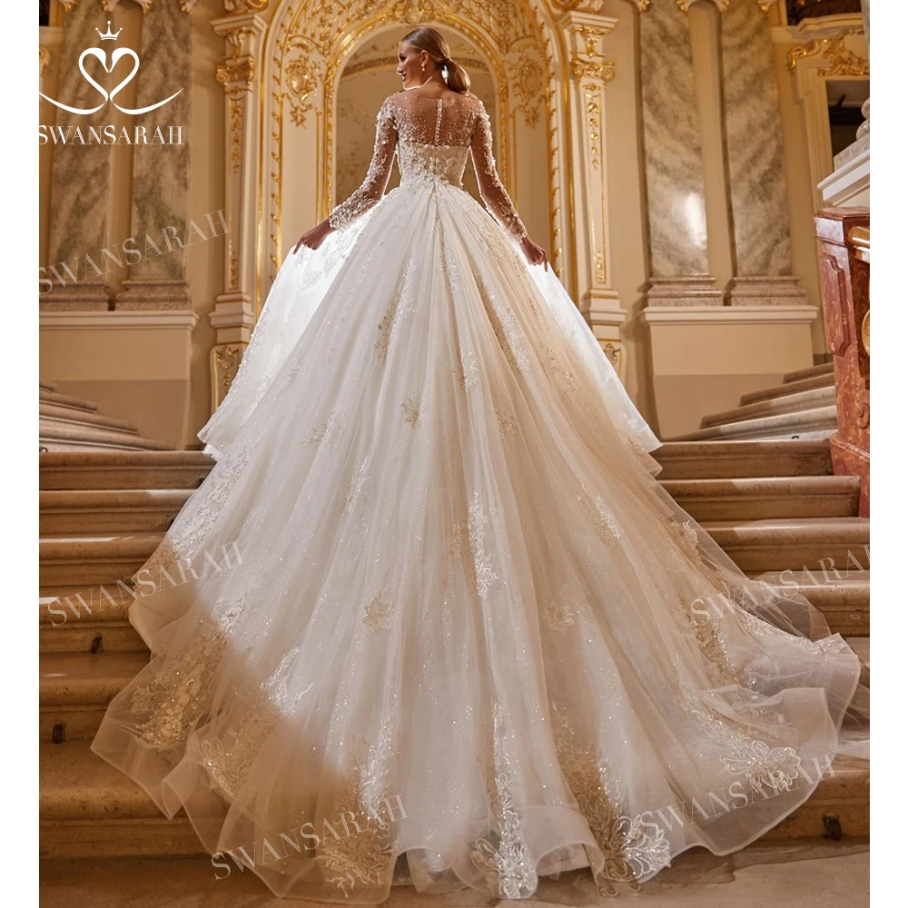 Luxury Beaded Wedding Dress 2025 Long Sleeve Lace Appliques Princess Bride Ball Gown SwanSarah AS145 customized Vestido De Novia 3