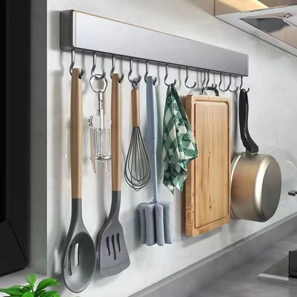Perchero de aluminio blanco para cocina, barra colgante de pared sin  agujeros, espátula para utensilios de