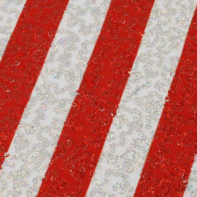 Glitzy Embroidery Sequin Red Stripe Printed Stretch Knit Ground Clothsing Making Party Events Dancewear Fabric