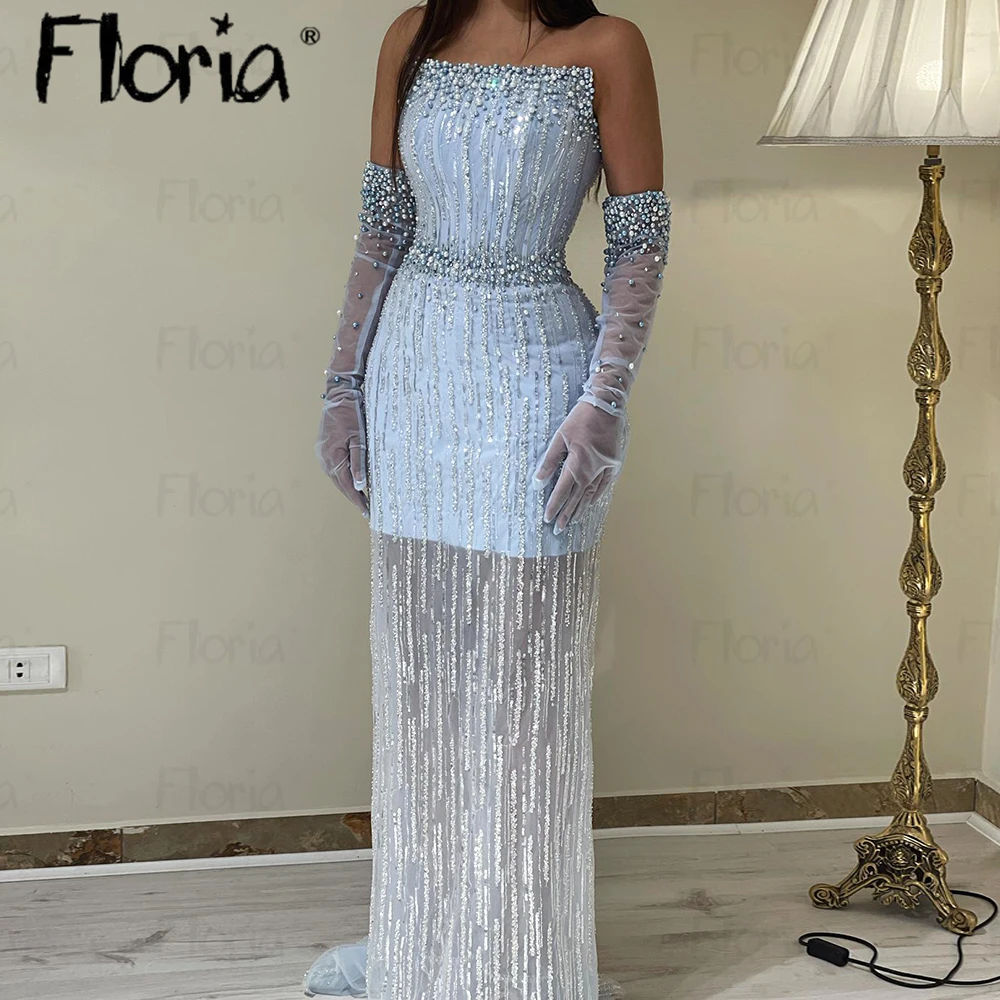 

Elegant 2023 Light Blue Beaded Party Dress Boat Neck Pearls Formal Evening Night Gowns Long Sparkle Celebrity Dresses Customized