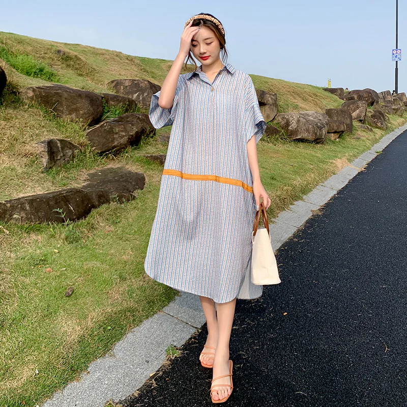 Summer Fashion Maternity Loose Clothes Side Split Irregular Block Color Striped Pregnant Woman Cotton Linen Dress With Pockets