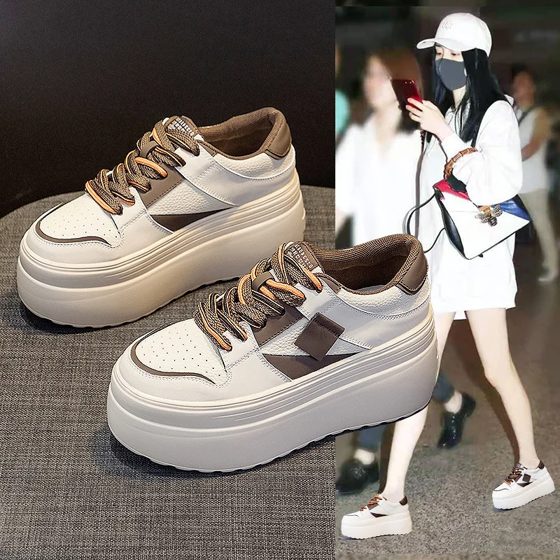 

8cm Casual Platform Wedge Hiden Heel Genuine Leather Shoes Chunky Sneakers Vulcanized for Women Spring Autumn Mixed Color