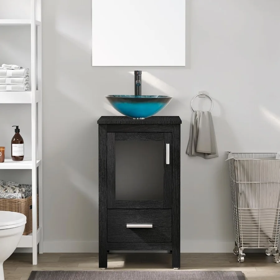18" Small Bathroom Vanity Sink Combo Modern Freestanding Cabinet W/Matte Glass Door Drawer Blue Boat Tempered Vessel Sink 6