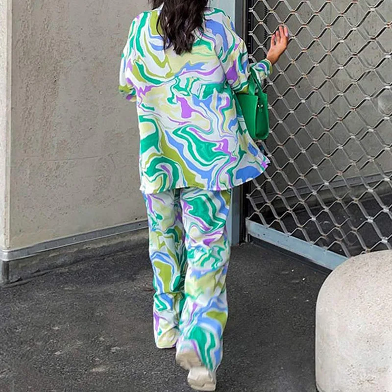 Women's Two Piece Set Trouser Shirt Suit Long Sleeve Print Shirt And Wide Leg Pants Casual Outfits 2024 Summer Suit For Women