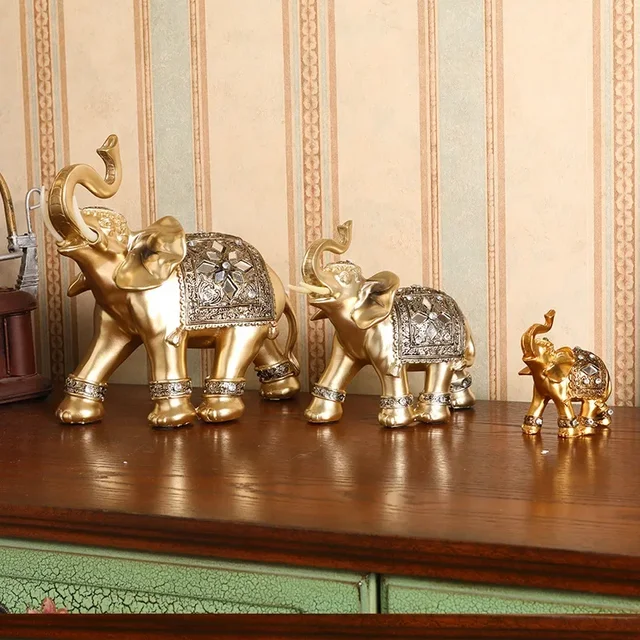 Statue d'éléphant en résine dorée, Feng Shui, élégante sculpture de tronc d'éléphant, figurine de richesse chanceuse, ornements d'artisanat pour la décoration intérieure 3
