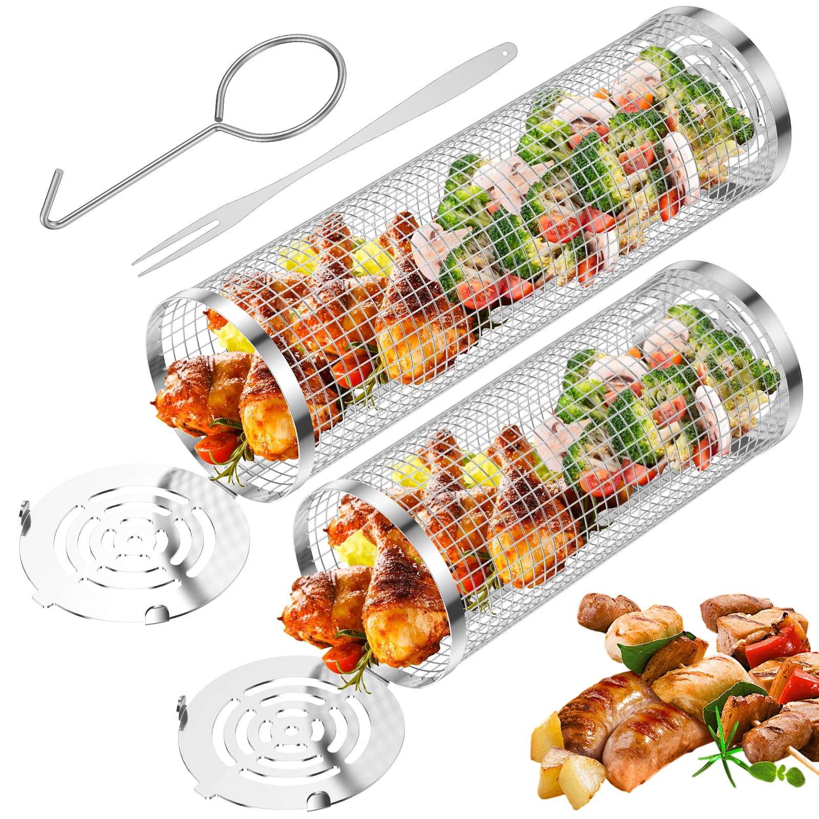 Grill Basket Stainless Steel BBQ Grill Basket Set Cylinder Barbecue Grate Camping Picnic Cookware for Grilling Vegetables Meat Fish Seafood