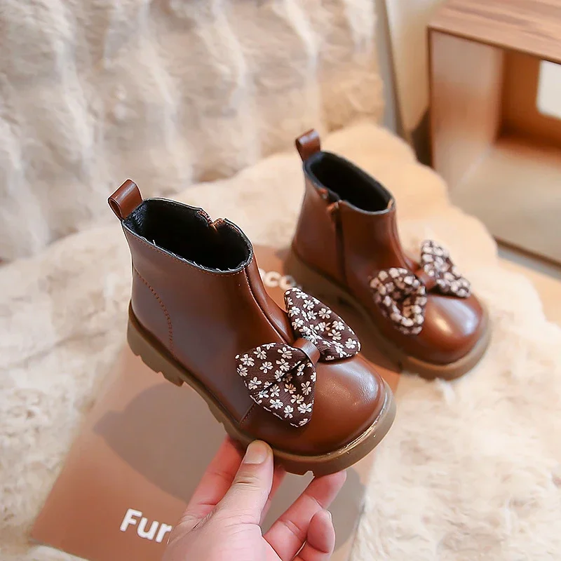 Children Leather Boots 2023 Autumn Sweet Bow Princess Ankle Boots Casual Non-slip Kids Shoes Flat Non-slip Girls Cute Shoes