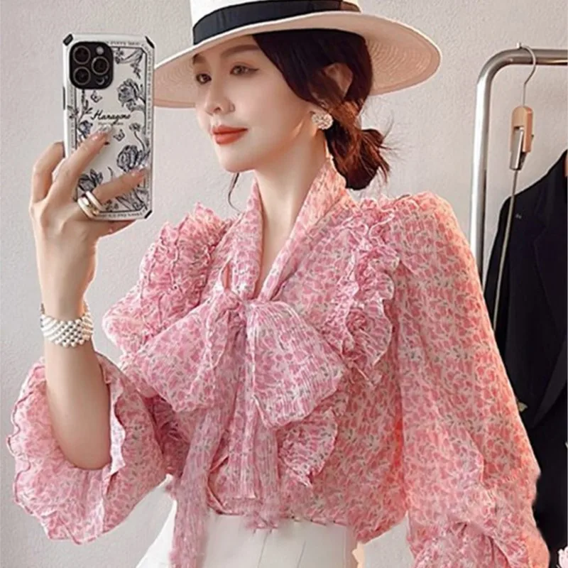 Tea Series Wear a Set of Salt Lightly Mature Pink Floral Shirt Shorts Two-Piece Suit for Women