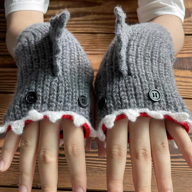 Knitted Gloves Winter Half Finger Mittens Stretchy Touchscreen Cartoon Shark Gloves for Kids Teens Christmas Presents