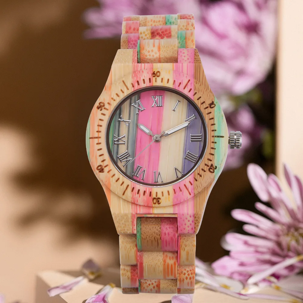 

Fashion Colorful Bamboo Wood Quartz Watch Manufacture Selling Two-color Compact Beautiful Casual Luminous Watches for Women