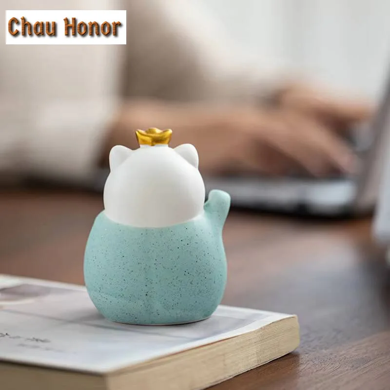 Boutique Cute Lucky Kitten Sculpture Ceramic Tea Pet Handmade Household Living Room Office Decoration Accessories Birthday Gift