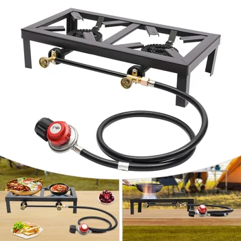 2 Burners Portable Gas Stove Camping Grill Propane Cooker Outdoor Gas Stove Desktop Burner for BBQ Picnic Hiking 8000W