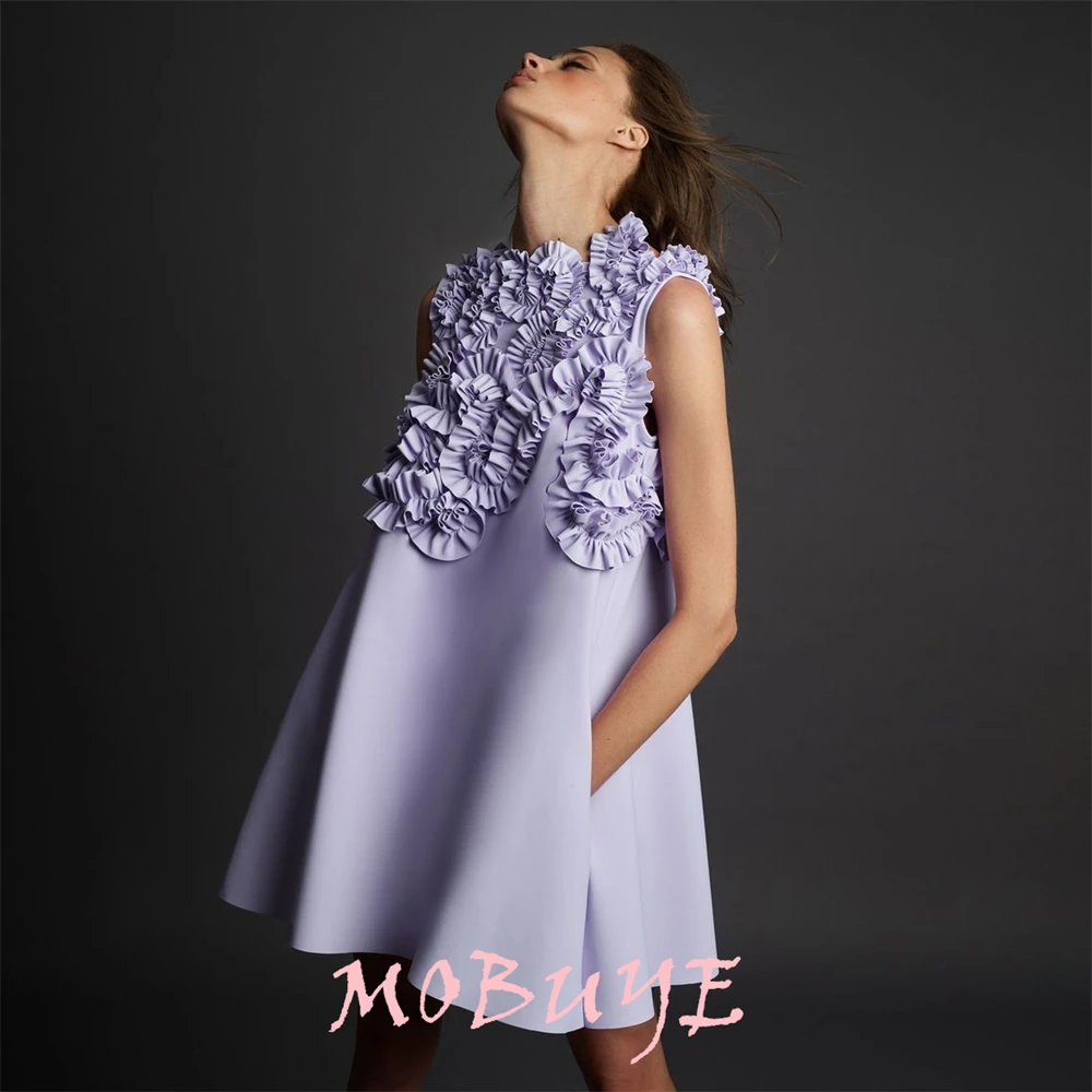 

MOBUYE 2024 Popular O Neckline Prom Dress Min-Length With Flowers Short Sleeves Evening Fashion Elegant Party Dress For Women
