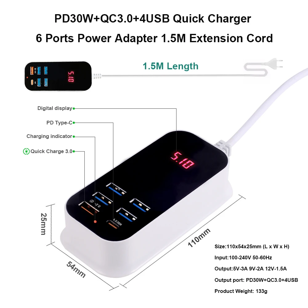 Chargeur USB multiple PD 30W Type C, charge rapide, chargeurs muraux,  adaptateur secteur 3.0, prise UK, EU, US, chargeur de téléphone portable -  AliExpress
