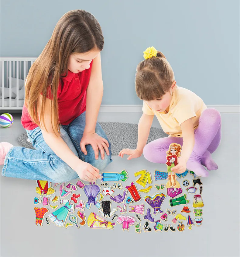 [Funny] 69pcs/set Wooden puzzle magnetic Cute Girl Dress Changing play house Toys kid's early education toys baby birthday gift 2
