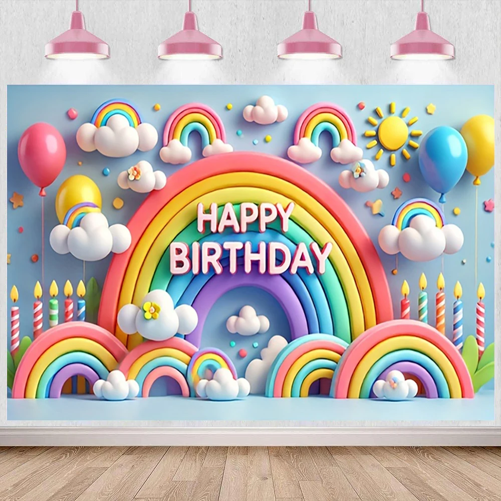Alles Gute zum Geburtstag Dekorationen Hintergrund Luftballons Regenbogen Design Party Fotografie Hintergrund Baby Dusche Foto Studio Banner Requisiten