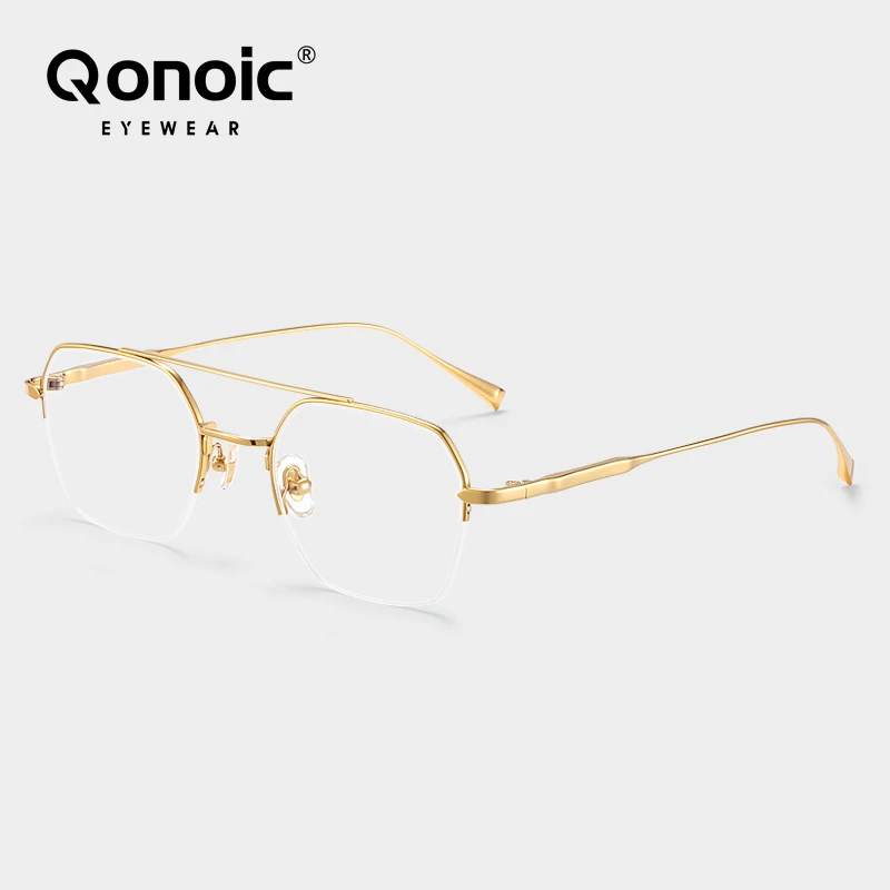 

QONOIC Half Rim Glasses For Men Women Pilot Style Anti-Blue Light Fashion Glasses Pure Titanium Ultra-Light Thin Frame AJ07036