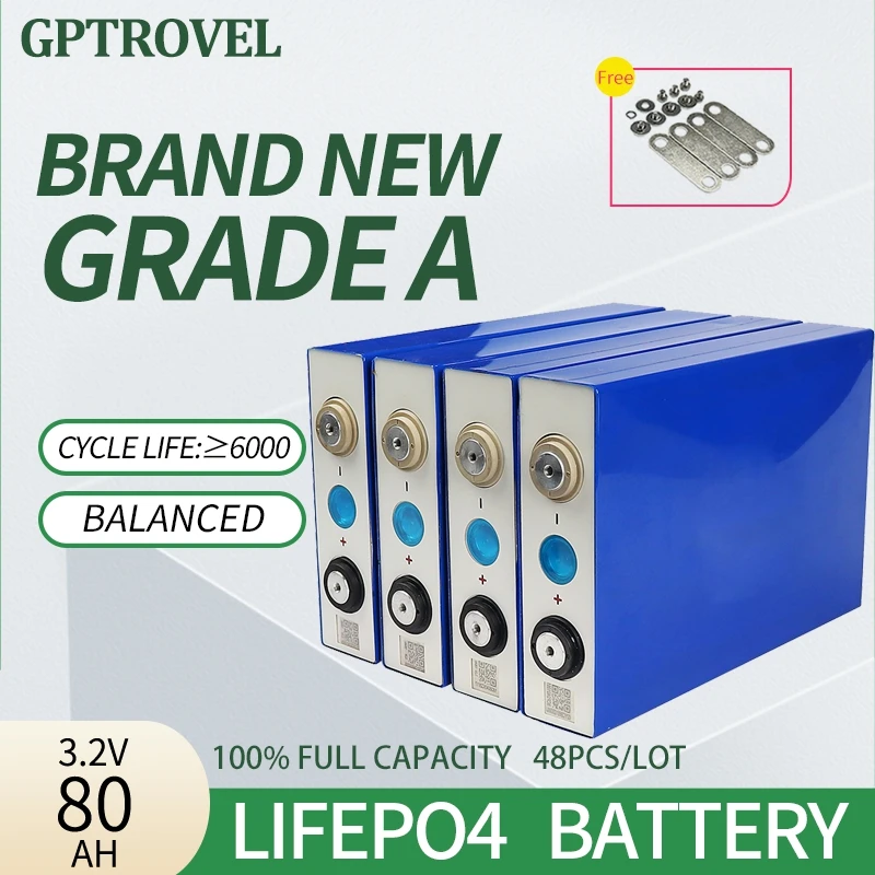 

LiFePO4 Brand New Grade A 16PCS 3.2V 80Ah Battery Cell Rechargeable 100% Full Capacity Deep Cycle Solar Pwer Bank for RV