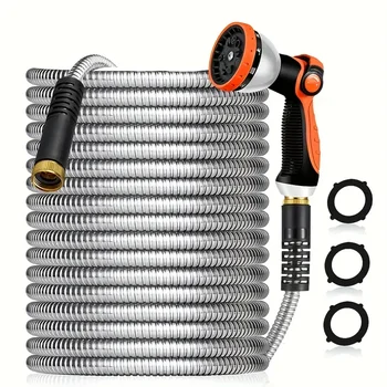 50/100FT Stainless Steel Garden Hose Durable No-Kink Flexible Hose For Car Washing Outdoor Watering With10 Patterns Spray Nozzle 1