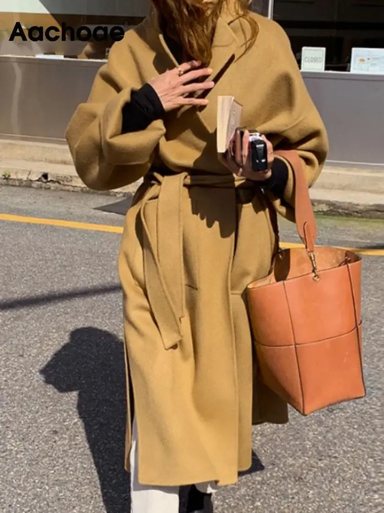 

Aachoae Women Elegant Solid Long Wool Coat With Belt Chic Batwing Long Sleeve Pockets Loose Coat Female Autumn Winter Outerwear